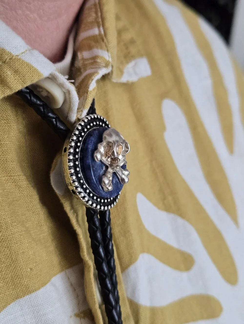 Lapis Silver Skull Western Bolo Tie Punk Pirate Goth Leather Braid Rockstar 70s